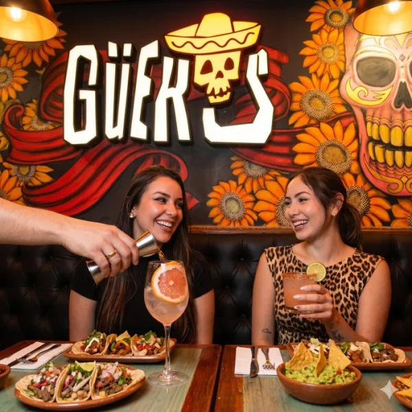Mesa con tacos auténticos, quesadillas de birria y margaritas en taquería mexicana Güeros en Providencia, Santiago - Imagen 3