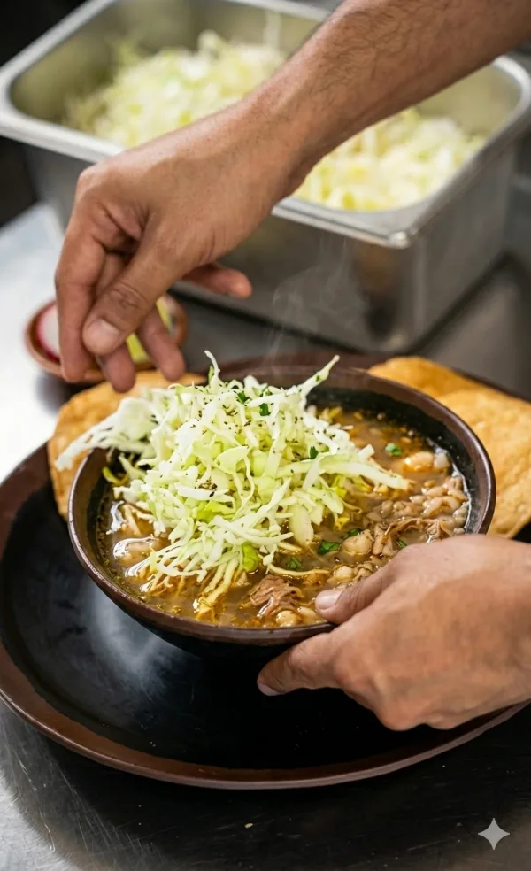 Plato de pozole tradicional preparado por el chef Víctor Aguilar en Güeros Providencia - Imagen 2
